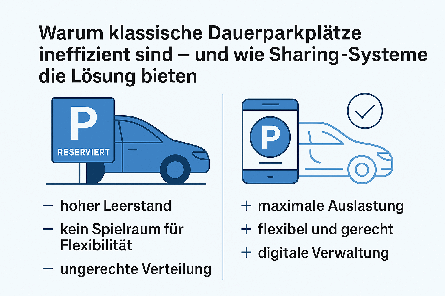 Klassische Dauerparkplätze führen oft zu Leerstand und Frust. Erfahre, wie digitale Sharing-Systeme Parkplätze effizienter und fairer nutzbar machen – mit Beispielrechnungen und Praxisbezug.