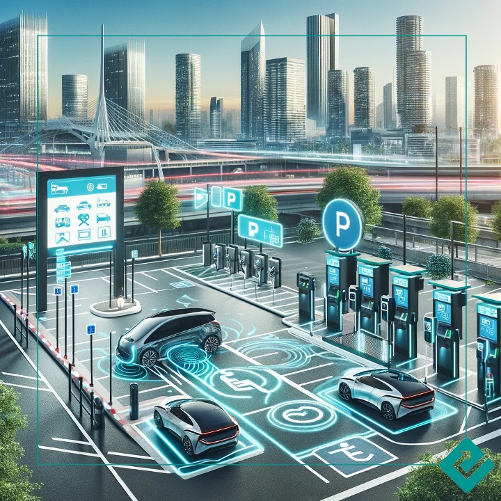 futuristischer Parkplatz mit Autos die Ein- und Ausfahren