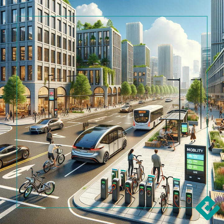 The image above offers a realistic depiction of a contemporary mobility hub in an urban environment, showcasing the integration of bike-sharing, electric vehicle charging, and bus services in a city setting.