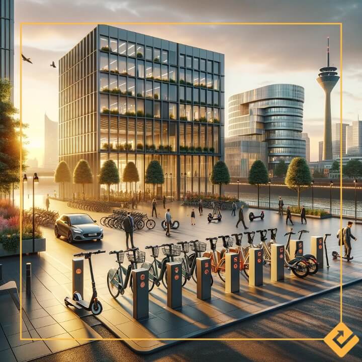 an image that depicts a realistic mobility hub at a large office building in Düsseldorf, designed to blend seamlessly with the city's urban environment and sustainability efforts.