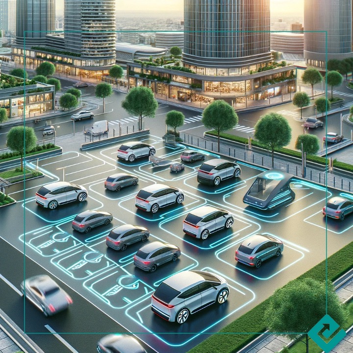 A modern cityscape with self-driving cars neatly parked in an optimized parking lot. The scene shows a realistic and compact parking arrangement with